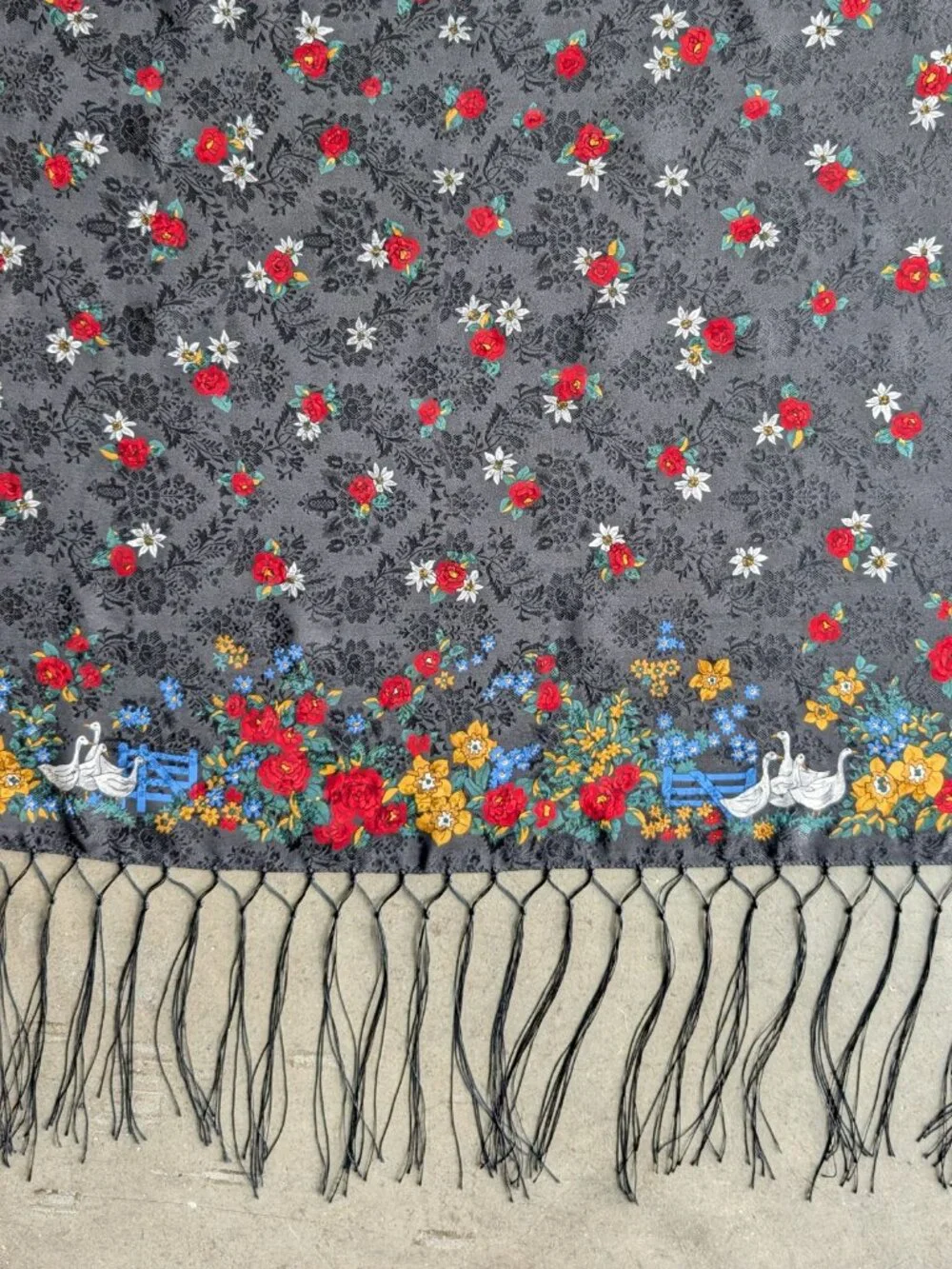 Vintage Silk Goose Scarf Black Floral Fringe Square Scarf